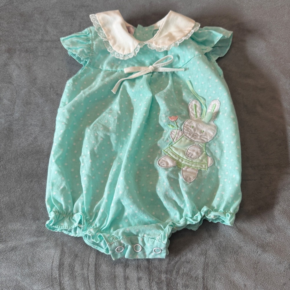 Dainty Delights Baby Romper 3/6M Aqua Polka Dot Bunny Peter Pan Collar Vintage